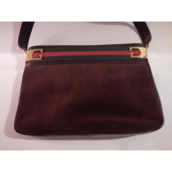 Gucci Vintage Brown Suede Leather Shoulder Bag with Red And Green - Picture 11 of 12